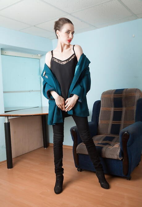 Foxy russian brunette milf Rose Nore revealing tiny tits and hairy twat in office